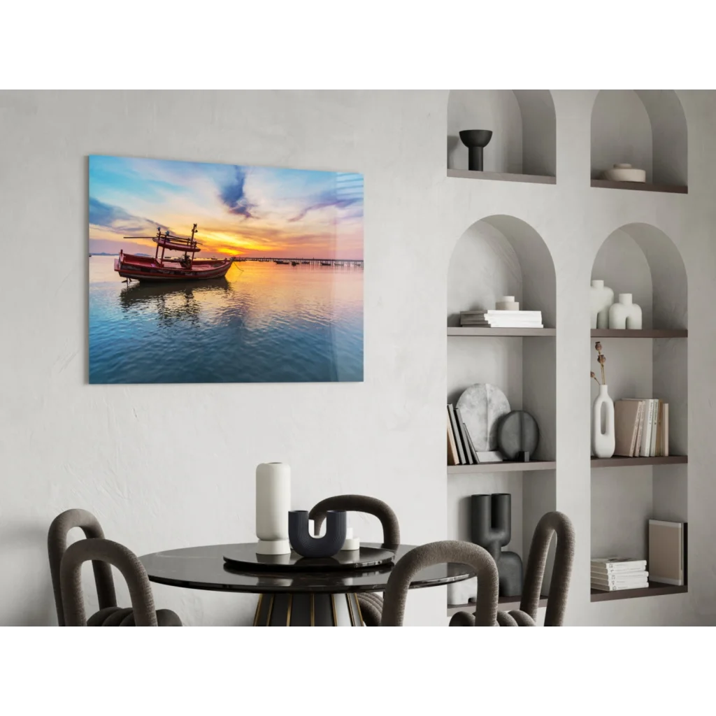 Stunning sunset fishing boat on glass wall art panel
