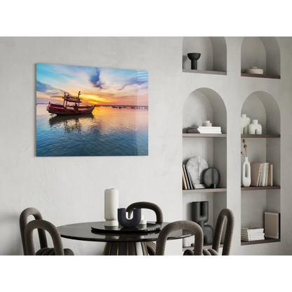 Stunning sunset fishing boat on glass wall art panel