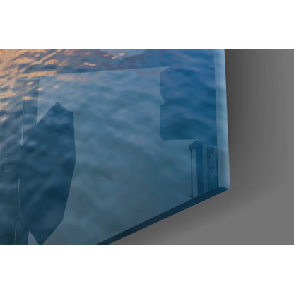 Stunning sunset fishing boat blue glass wall art with distorted reflections