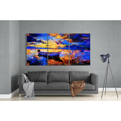 Vibrant sunset boat glass wall art triptych in bold abstract blues, oranges, yellows