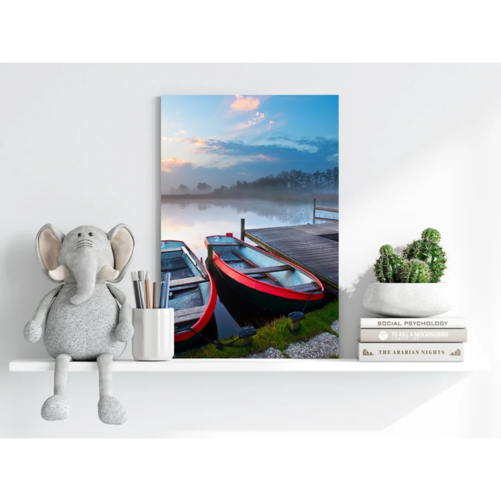 Misty dock rowboats on insigne aluminum print