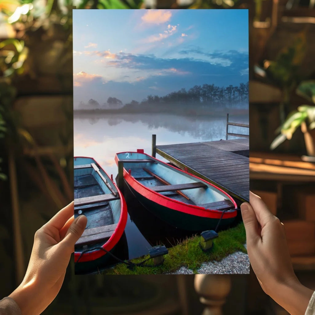 Misty dock rowboats on Insigne aluminum prints at dawn