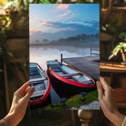 Misty dock rowboats on Insigne aluminum prints at dawn
