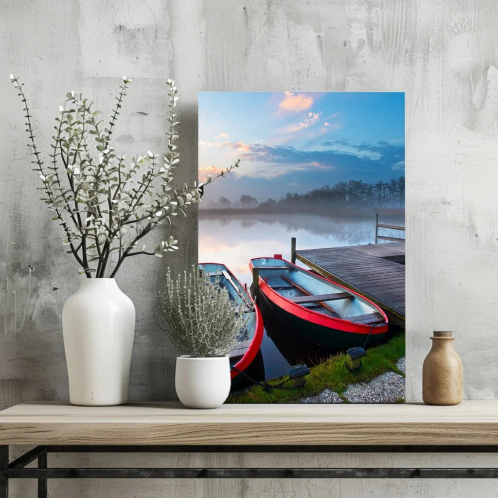 Misty Dock Rowboats Insigne Aluminum Prints | Glass Wall Art Print | vintageantiquesgifts.com