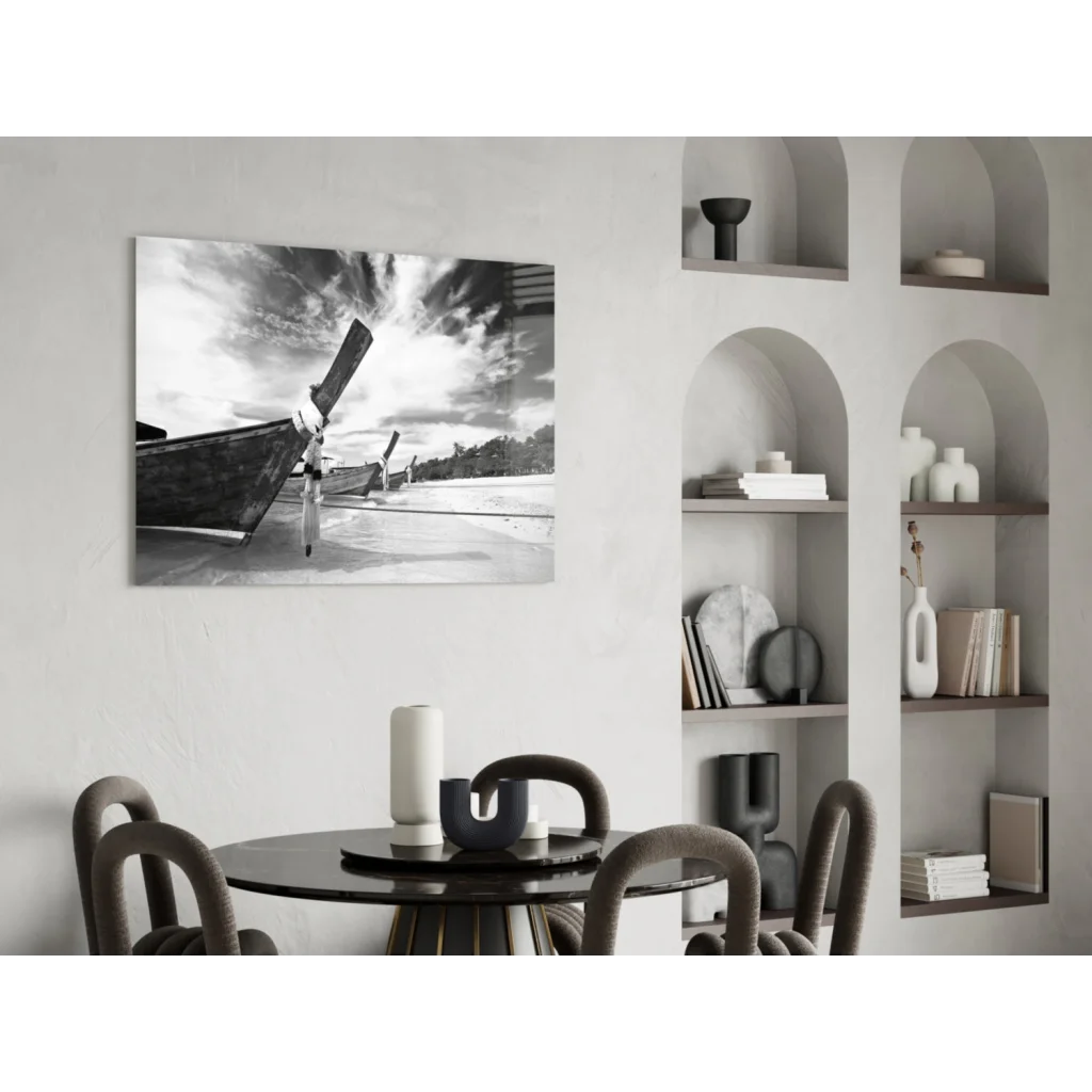 Black and white longtail boat glass wall art print