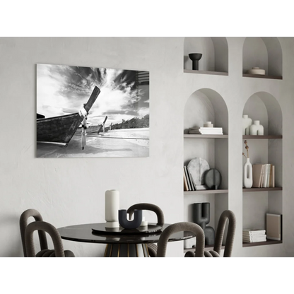 Black and white longtail boat glass wall art print
