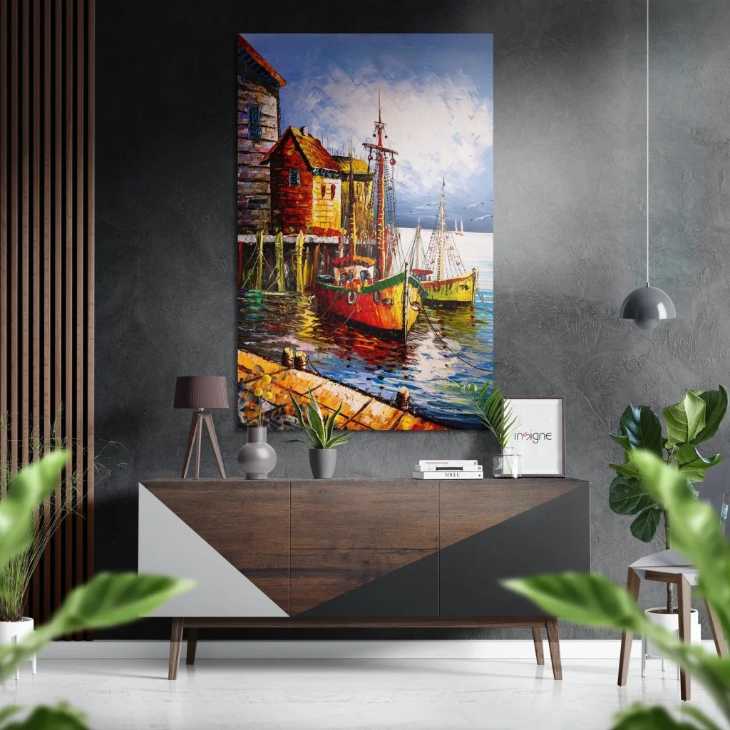Vibrant impressionist harbor boats on brushed aluminium dibond wall art