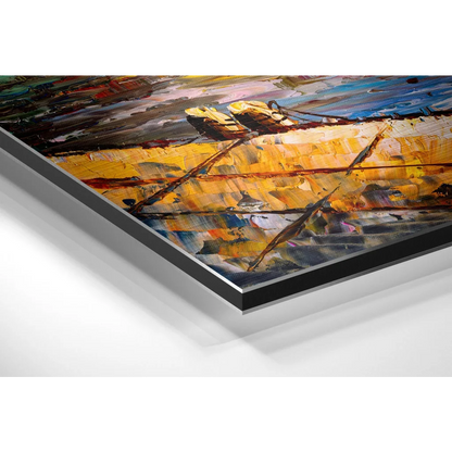 Vibrant abstract boats on water in brushed aluminium dibond wall art