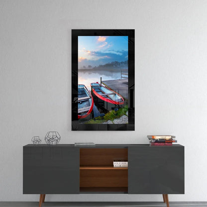 Misty Lake Rowboats Glass Wall Art with Wooden Dock Scene | Contemporary Home Wall Art | vintageantiquesgifts.com