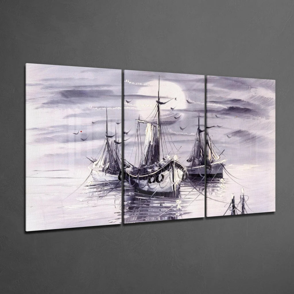 Misty Harbor Sailboats glass wall art triptych in gray tones
