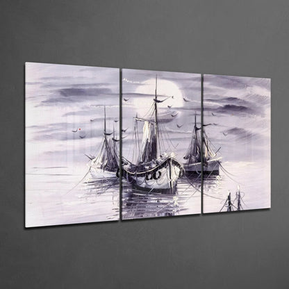 Misty Harbor Sailboats glass wall art triptych in gray tones
