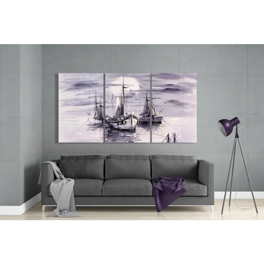 Misty harbor sailboats glass wall art triptych canvas