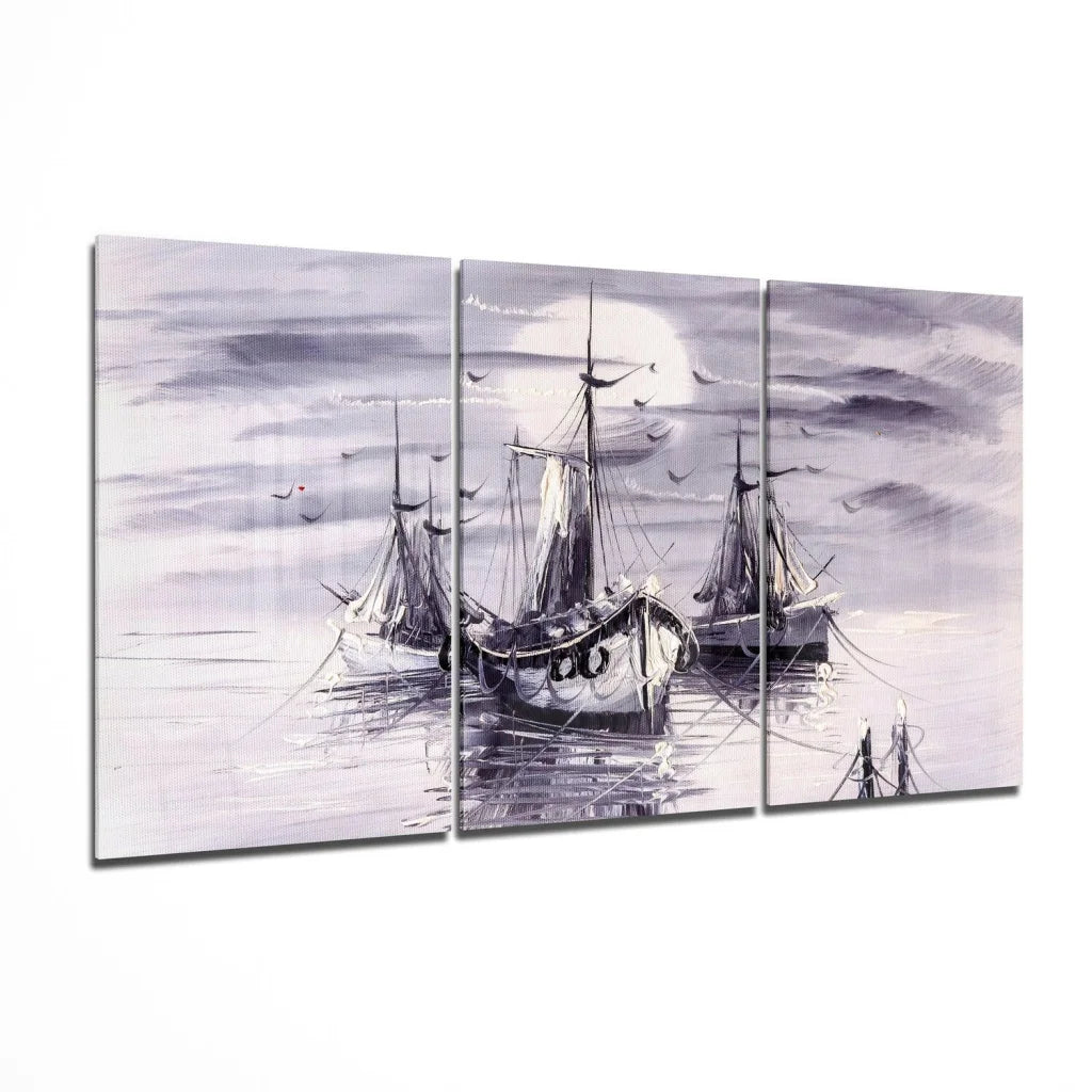 Misty Harbor Sailboats glass wall art triptych with monochromatic seascape