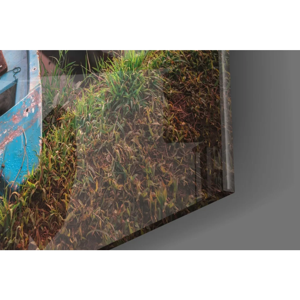 Lakeside sunset glass wall art of green brown grasses by rusty blue metal