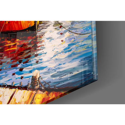 Vibrant abstract harbor scene on tempered glass wall art with bold boats