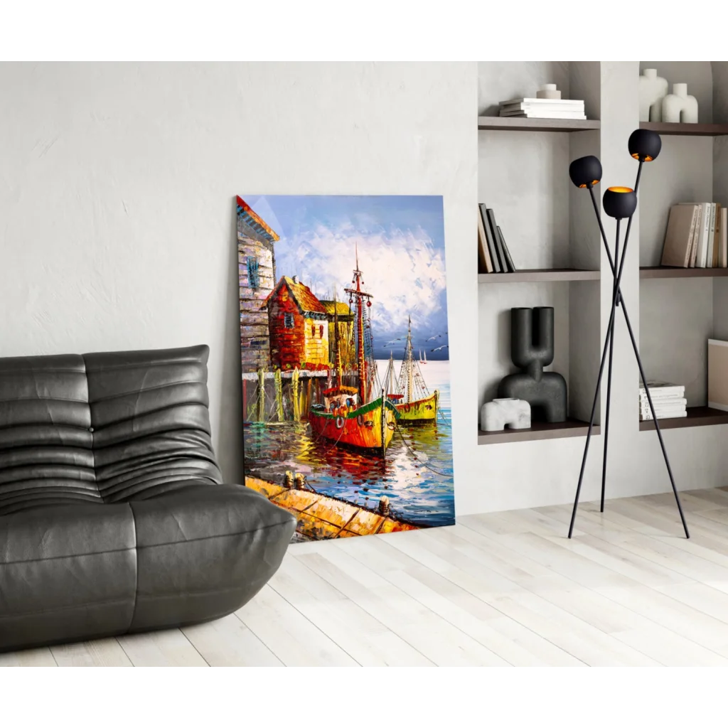Vibrant harbor scene glass wall art with colorful boats on tempered glass wall