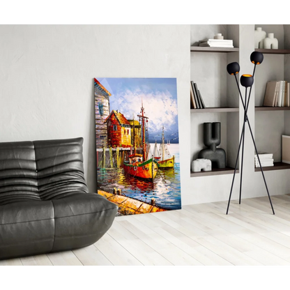 Vibrant harbor scene glass wall art with colorful boats on tempered glass wall