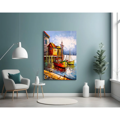 Vibrant harbor scene tempered glass wall art with colorful boats