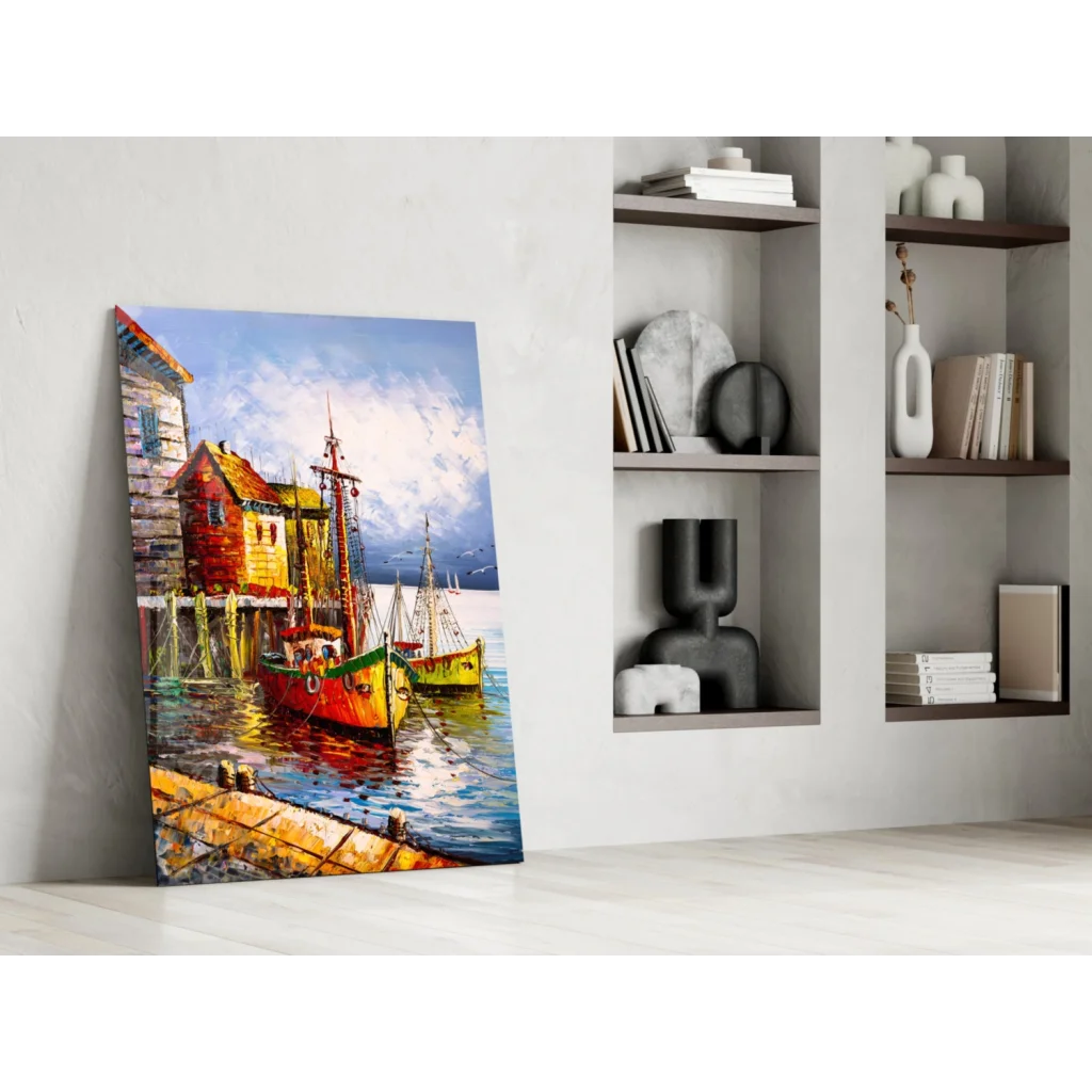 Vibrant impressionist harbor scene on tempered glass wall art with colorful boats