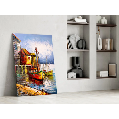 Vibrant impressionist harbor scene on tempered glass wall art with colorful boats