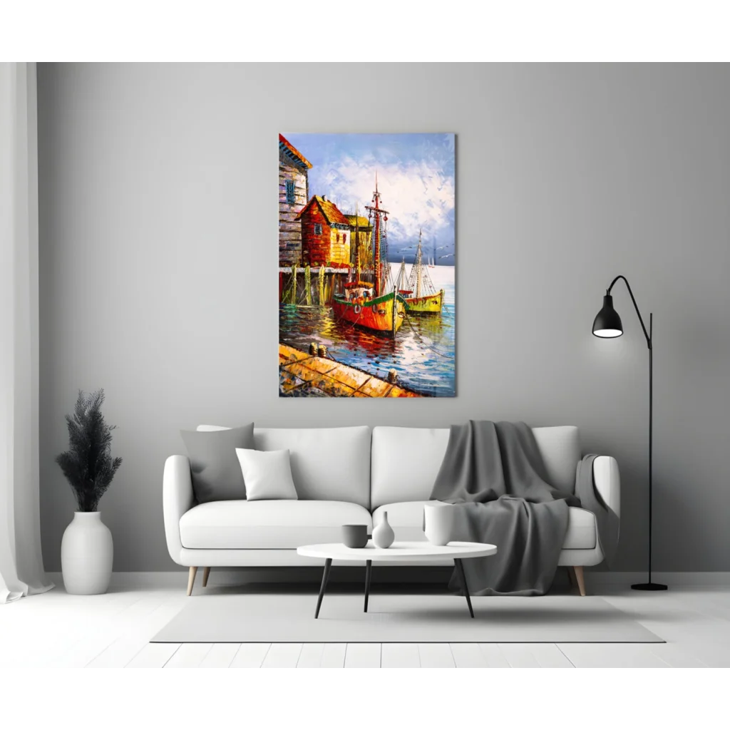 Vibrant impressionist harbor scene on tempered glass wall art with colorful boats