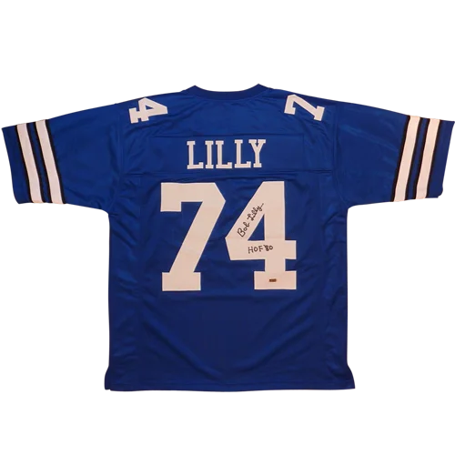 Back of Bob Lilly autographed Dallas custom jersey, blue #74 Lilly, HOF 80