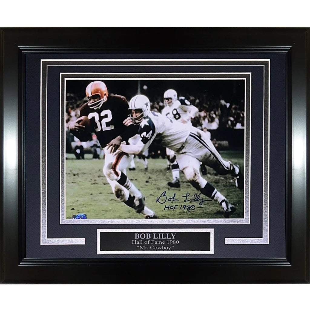 Bob Lilly autographed deluxe framed 8x10 photo tackling Jim Brown