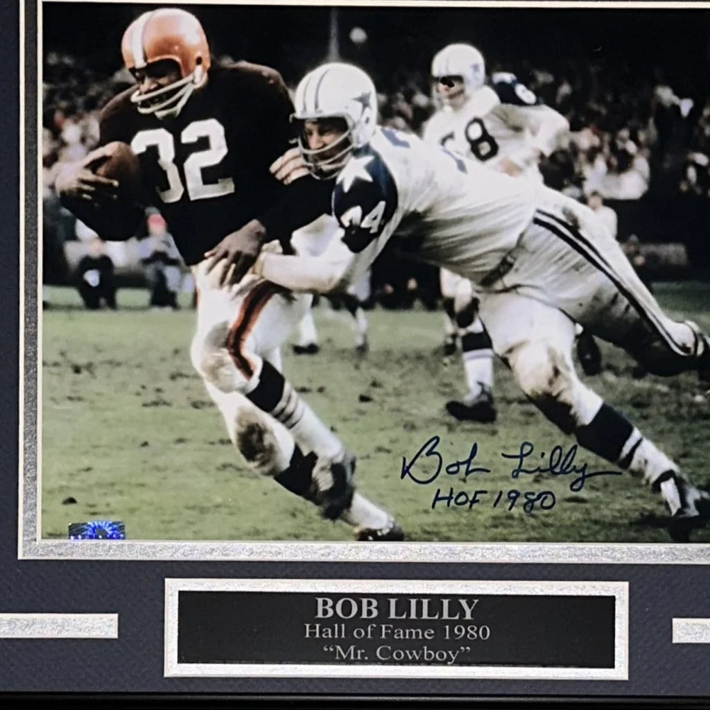 Bob Lilly autographed deluxe framed 8x10 photo tackling Jim Brown