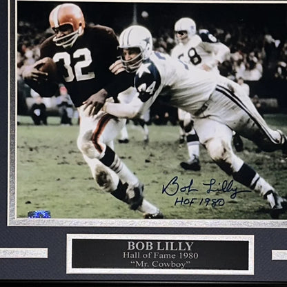 Bob Lilly autographed deluxe framed 8x10 photo tackling Jim Brown