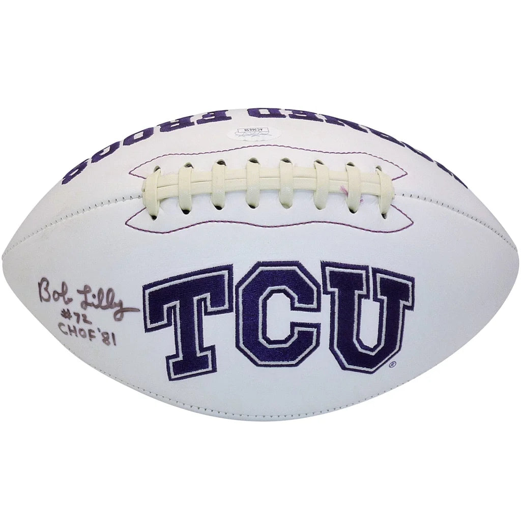 Bob Lilly autographed TCU Horned Frogs logo football, white leather with navy blue lettering