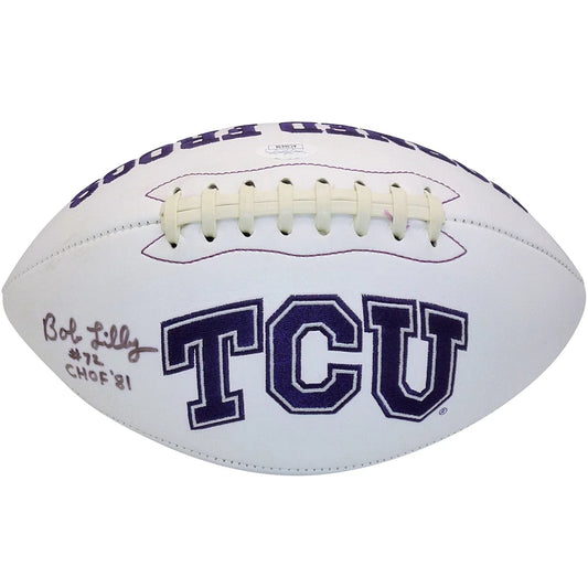 Bob Lilly autographed TCU Horned Frogs logo football, white leather with navy blue lettering