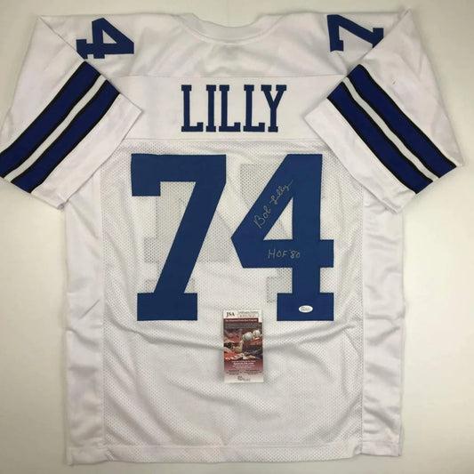 White Bob Lilly signed custom jersey with blue accents for sports league fans