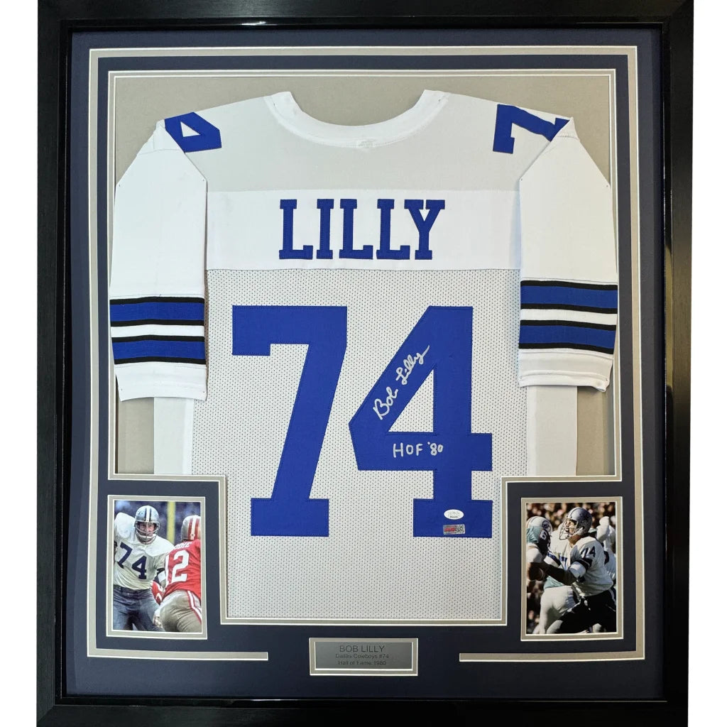White and blue Dallas Cowboys jersey signed by Bob Lilly with HOF patch and Lilly nameplate