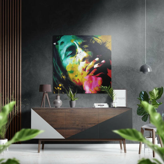 Vibrant Bob Marley abstract art print on brushed aluminium dibond