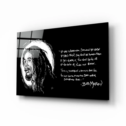 Black and white Bob Marley portrait wall art with gold outline