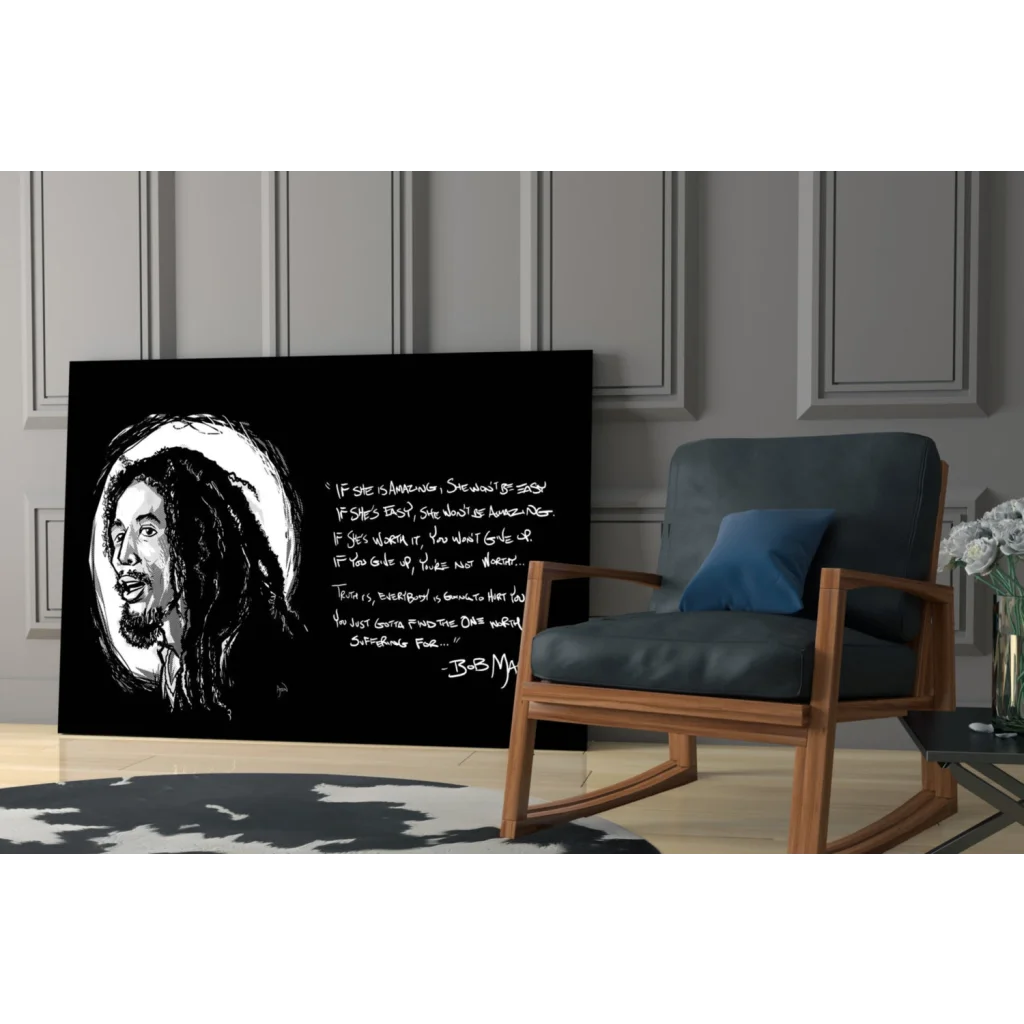 Bob Marley black and white poster canvas wall art with gold outline portrait