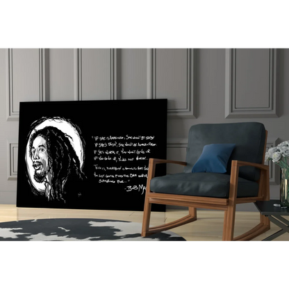 Bob Marley black and white poster canvas wall art with gold outline portrait