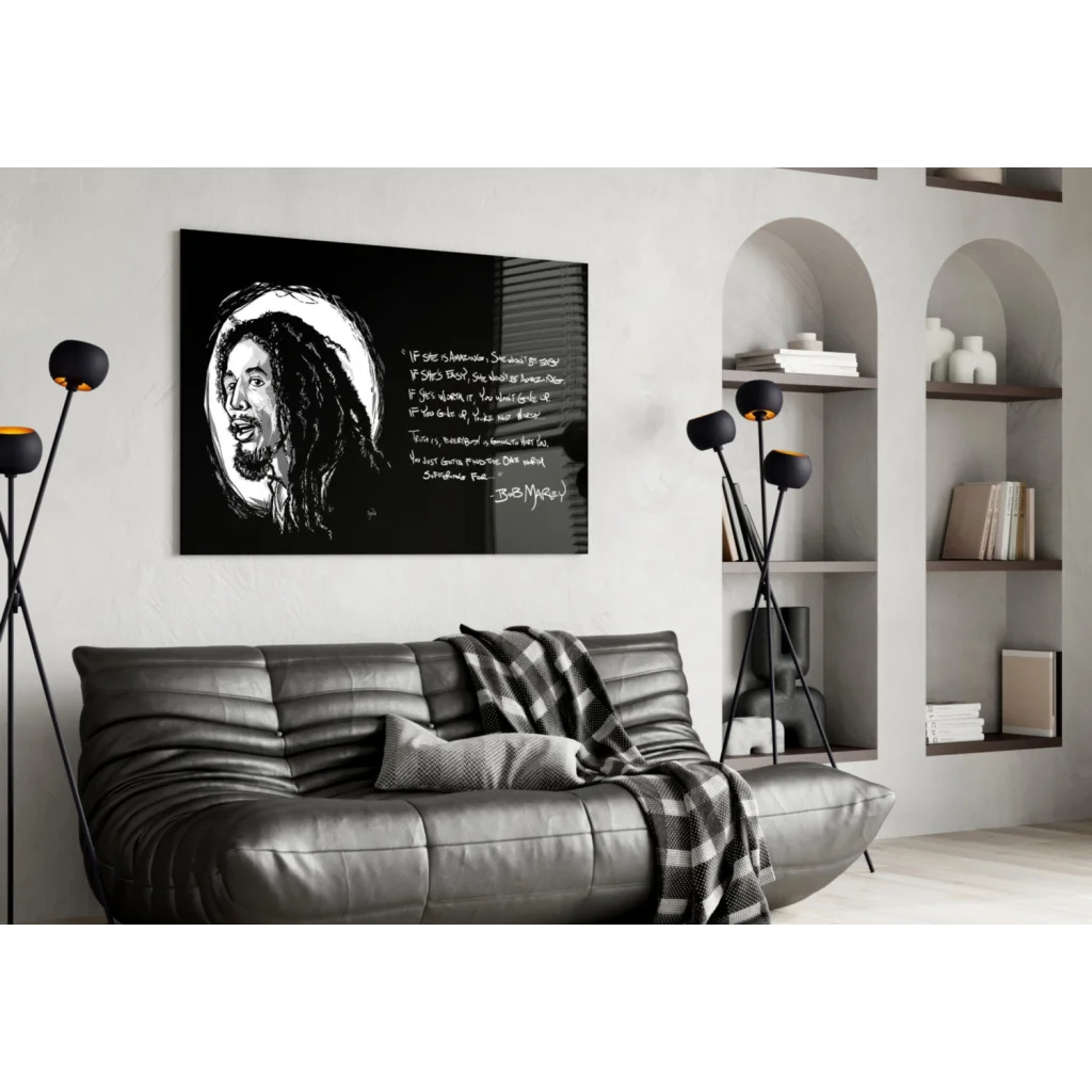 Black and white Bob Marley poster as canvas wall art with gold outline