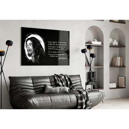 Black and white Bob Marley poster as canvas wall art with gold outline