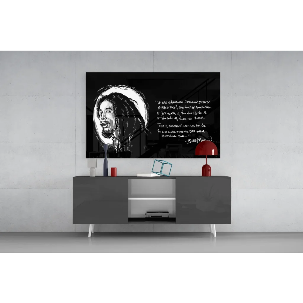 Bob Marley glass wall art on 4K UHD TV with sleek black frame