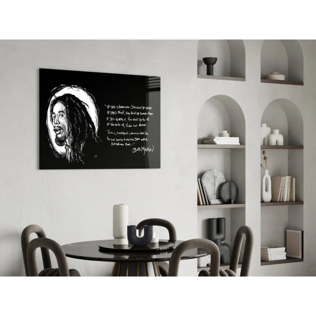 Black and white Bob Marley portrait canvas wall art with gold outline