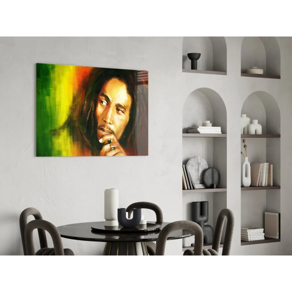 Vibrant Bob Marley canvas wall art in bold rasta green, yellow, red