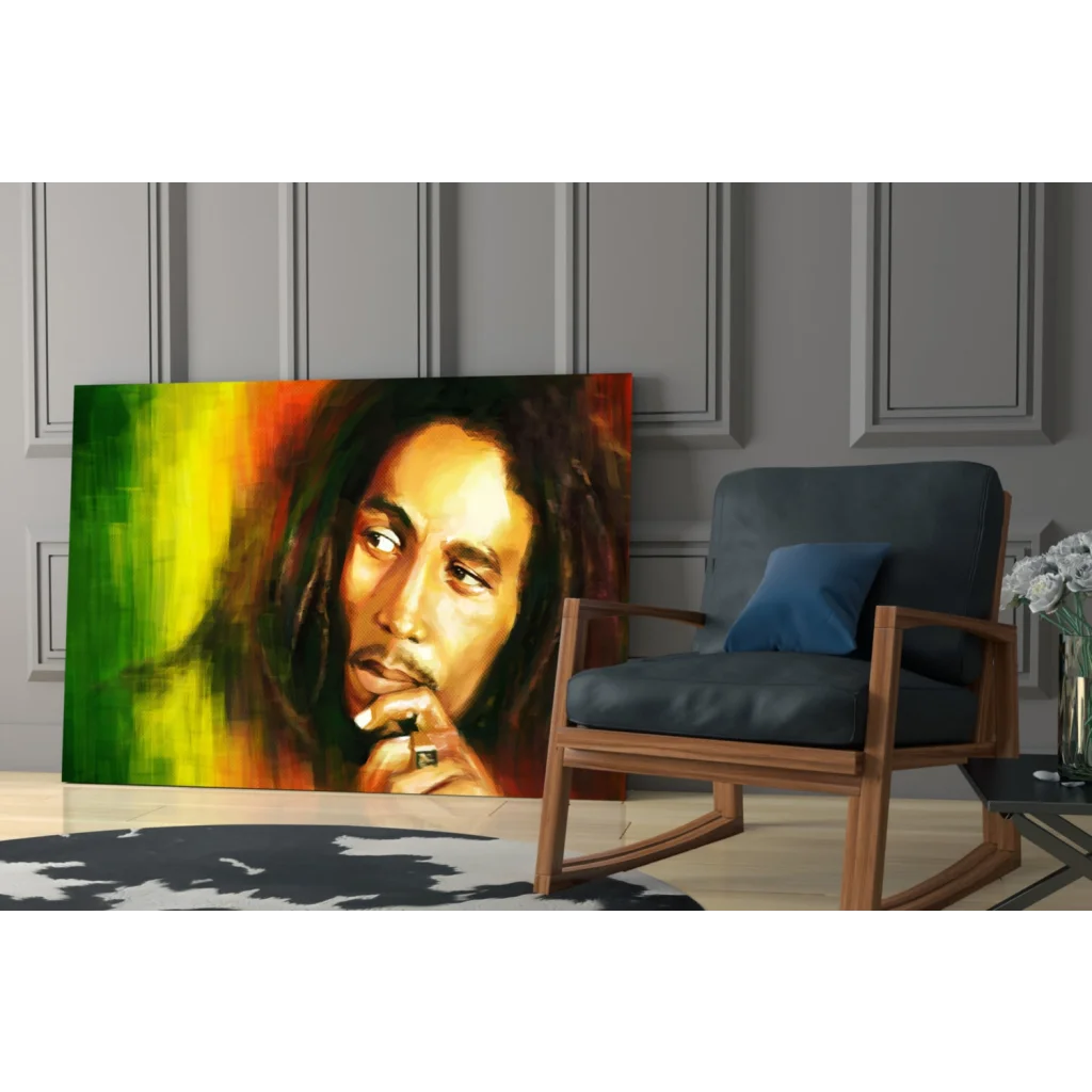 Vibrant Bob Marley canvas wall art in rasta green, yellow, red