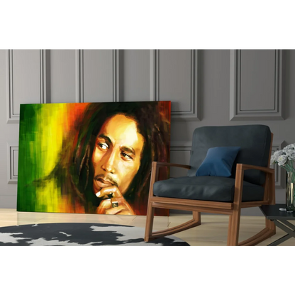 Vibrant Bob Marley canvas wall art in rasta green, yellow, red