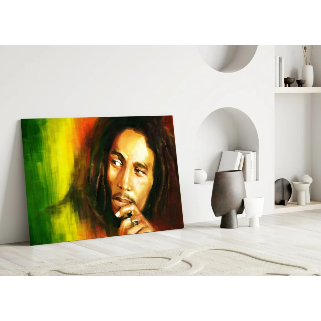 Vibrant Bob Marley canvas wall art in bold rasta green, yellow, red