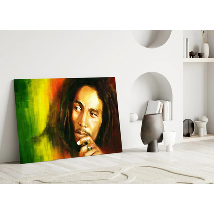 Vibrant Bob Marley canvas wall art in bold rasta green, yellow, red