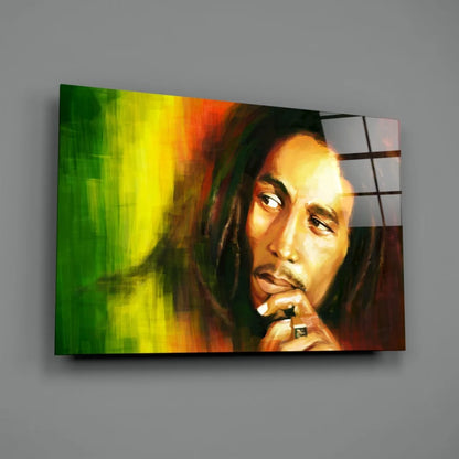 Vibrant Bob Marley canvas wall art in bold rasta green yellow red strokes