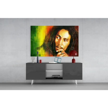 Vibrant Bob Marley canvas wall art in rasta green, yellow, red hues