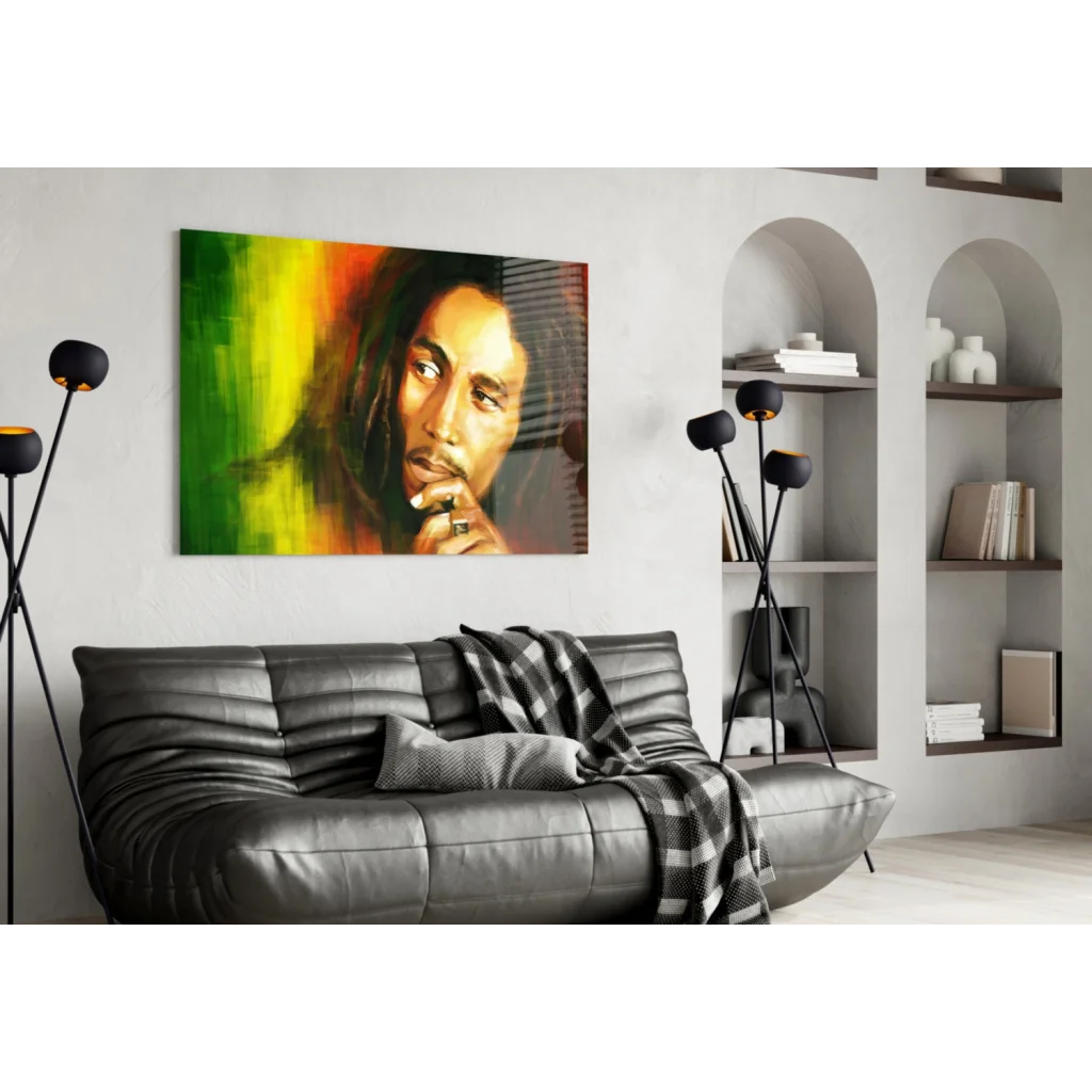 Vibrant Bob Marley canvas wall art in bold rasta green, yellow, red hues
