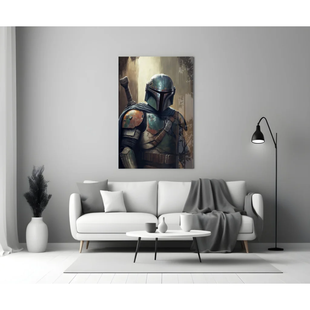 Mandalorian bounty hunter glass wall art canvas print in green armor